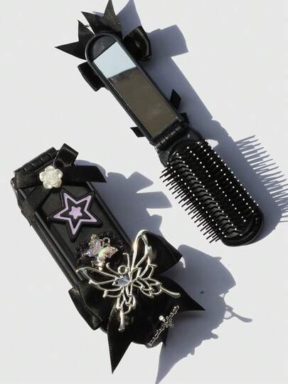 Goth 1pc Leopard Print Folding Comb With Attached Mirror, Portable Airbag Comb Back To School Accessory (Pattern Placement Random)