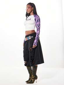 SUMWON WOMEN Top de baseball à manches longues, style raglan, coupe courte, motif camouflage violet avec design contrasté blanc. Mode décontractée, streetwear essentiel pour femmes en automne/hiver - Blanc - Voir 4