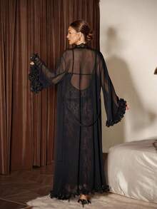 Slumberist Women's Mature Sexy Lingerie Set, Super Long Mesh Robe And Lace Backless Slip Dress 2 Pieces Set Lace Robe Lingerie Robe Set Sheer Robe - Black - View 2