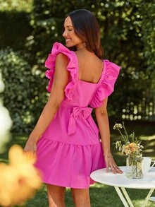 SHEIN VCAY Romantic Summer Vacation Square Neck Ruffle Trim Ruffle Hem Dress For Women