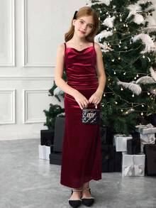 SHEIN 青少年女孩纯勃艮第红色网眼拼布简约长款优雅连衣裙，复古中长连衣裙，适合圣诞节连衣裙，秋冬优雅复古，适合派对、圣诞节、新年舞会 - 酒紅色 - 查看 6