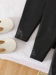 SHEIN Babygirl 百搭可爱休闲黑色针织闪亮松紧腰裤 - 黑色 - 查看 6
