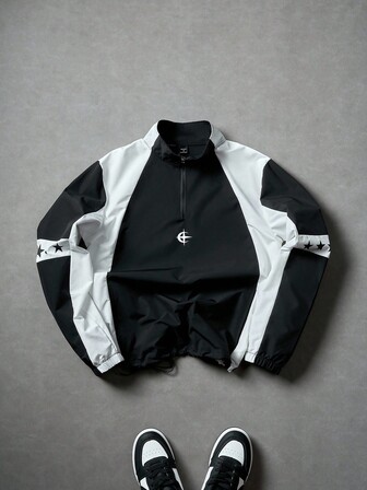 Manfinity Campus Court Men's Casual Stand Collar Jacket, Windbreaker/Outdoor Windbreaker,Parka,Winter Jacket,Color Block Design Half Zip Stand Collar Jacket With Letter Graphic, Adjustable Drawstring Hem, Suitable For Daily Wear, Outdoor Activities, Sports, Casual, School, Party, Music Festival. Can Be Given As A Gift To Friends And Boyfriends, Men's Quarter Zip Jacket, Black And White Jacket Wind Breaker Race Jacket Y2k Jacket Men S Windbreaker Jacket, Fall, Grunge