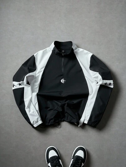 Manfinity Campus Court 男士休闲立领长袖夹克，防风/户外，撞色设计半拉链立领夹克，字母图案，可调节抽绳下摆，适合日常穿着、户外活动、运动、休闲、上学、聚会、音乐节、秋季、朋克风等场合。