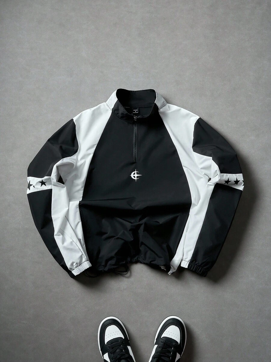 Manfinity Campus Court 男士休闲立领长袖夹克，防风/户外，撞色设计半拉链立领夹克，字母图案，可调节抽绳下摆，适合日常穿着、户外活动、运动、休闲、上学、聚会、音乐节、秋季、朋克风等场合。 - 黑色 - 查看 1