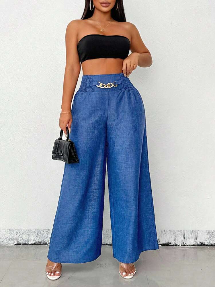EMERY ROSE Pantalones anchos y sueltos de verano para mujer en azul con cadena de metal - azul real - Añade 3