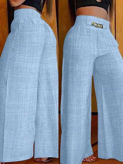 Breezaya Women's Casual Metal Chain Decor Loose Wide Leg Linen Khaki Pants For Autumn Fall Cloth For Women