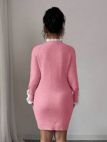 Elenzga 秋冬长袖扭绳圆领蕾丝边杏色连衣裙 - 粉色 - 查看 2