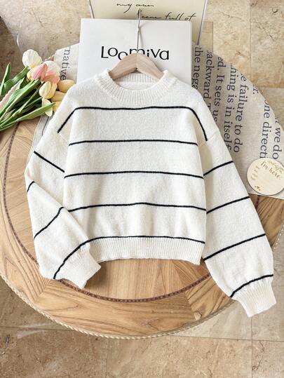 1pc Girls' Oversized Crew Neck Vintage Color Block Striped Cropped Sweater, Soft & Comfortable Fabric, Versatile For Casual, Outdoor, Party Wear, Autumn/Winter Sweater For Tweens Tween Girl Sweater Tween Girl Jumper Black And White Stripes Sweater
