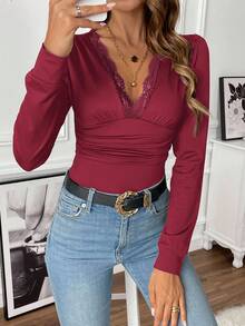 EMERY ROSE Body de mujer de unicolor con contraste de encaje, cuello en V, manga larga y drapeado sexy