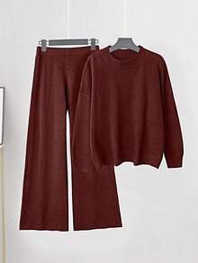 Linhara Conjunto de pijama feminino plus size de lã tricotada, cor café - Vermelho - Ver 7