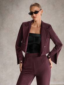 SHEIN Unity 女式梭织竖条纹咖啡棕色短袖时尚修身西装外套，春秋季