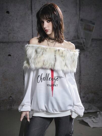 Bloopia 女式 Y2K 休闲时尚街头朋克露肩拼接人造毛皮十字徽标印花运动衫，秋冬