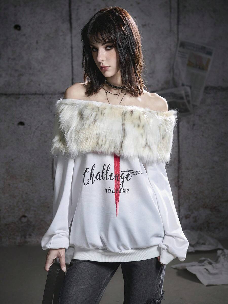 Bloopia Áo nỉ in logo chéo lông giả hở vai phong cách Punk đường phố Y2K dành cho nữ, Thu/Đông - Màu be - Xem 1