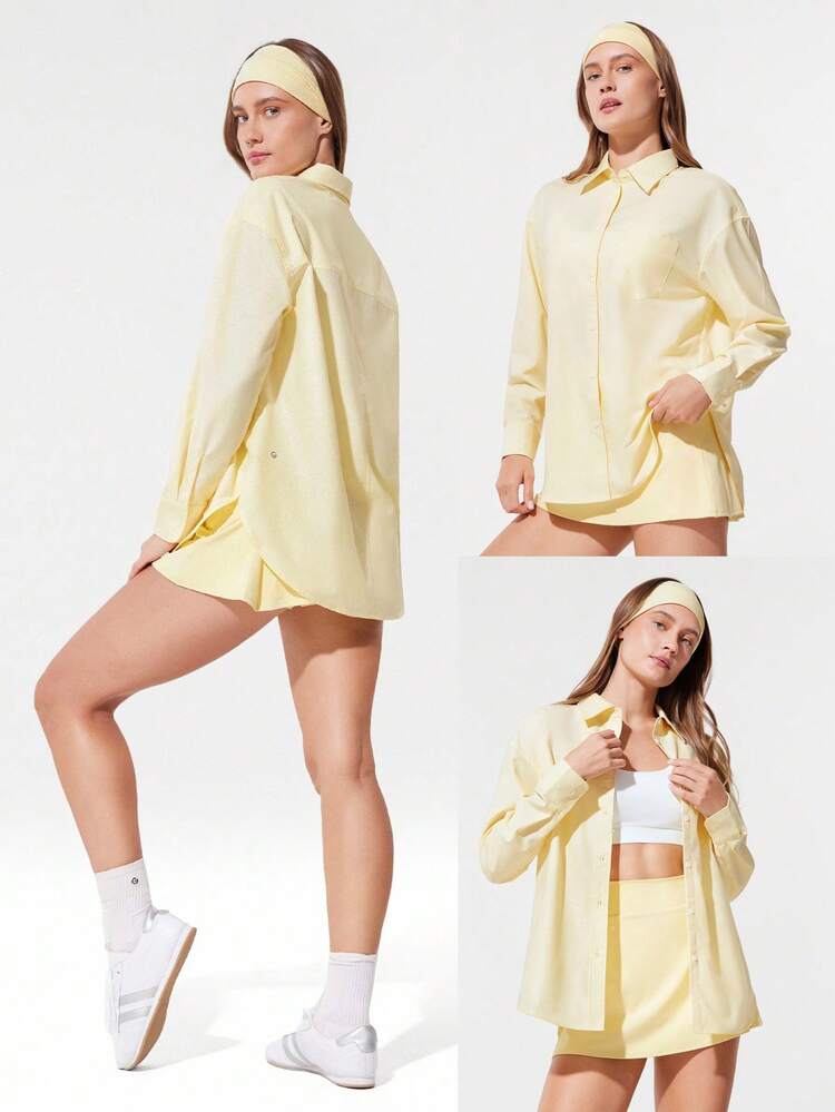Slit Sleeves Chest Pocket Oversized Button-Up Shirt Studio Daily Casual Wear