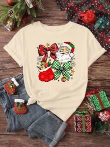Christmas Reindeer & Santa Claus Graphic Print Basic Red Short Sleeve T-Shirt, Versatile Women's Fashion Creative Cute Christmas Outfit, Suitable For Christmas Party And Going Out