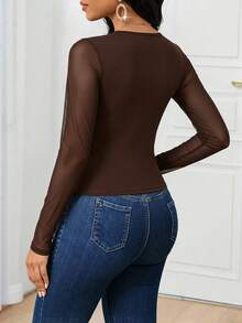 SHEIN Lady Model Baru 2025: Kaos Wanita Warna Cokelat Polos Model Sweetheart Kerah Raglan Lengan Panjang Pas Badan, Atasan Cokelat - Coklat - View 2