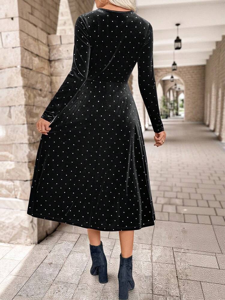 Women's Elegant Polka Dot Print Mid-Length Dress, Suitable For Commuting