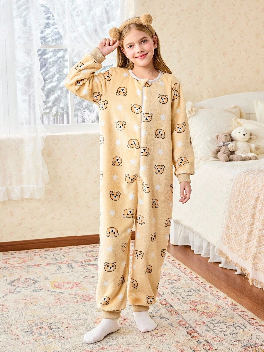 青少年女孩可爱棕熊毛绒睡衣 - 彩色 - 查看 1