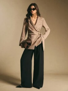 Poéselle 女士棕色翻领长袖腰部金属设计优雅常规外套，女士冬季外套，优雅女士休闲款，新年适用，适合日常穿着、聚会、外出、通勤、秋冬季 - 棕色 - 查看 4