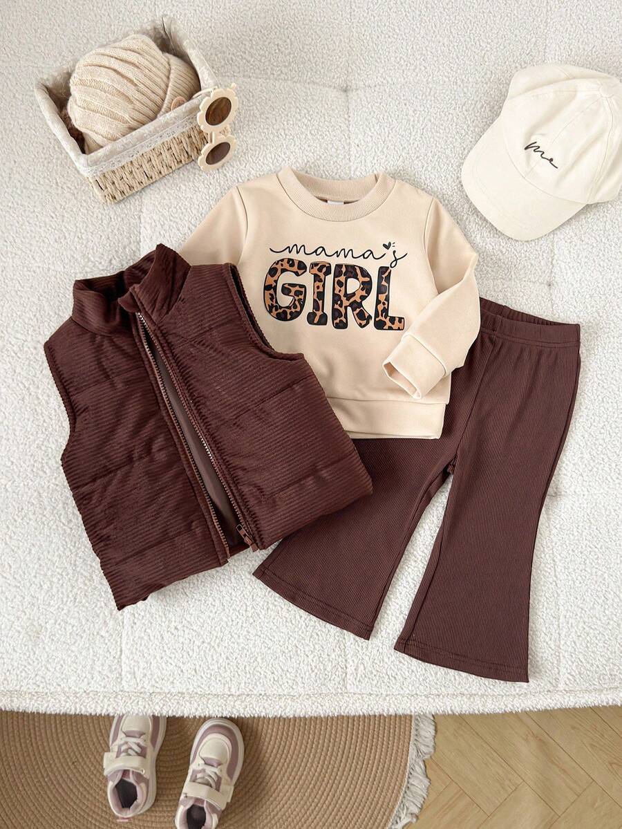 SHEIN Playful Pals 3pcs/Set Baby Girl Unisex Infant Toddler Autumn/Winter Corduroy Padded Vest + White Round Neck Printed Sweatshirt And Elastic Waist Pants, Suitable For School, Casual, Sports, Home, 6M-3T, Children Set, Infant Clothing, Baby Vest Fall Girls Clothes Brown Toddler Outfit Girl Girl Clothes Sets 6M-3T