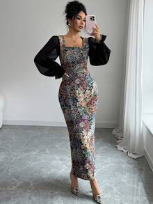 Modelyn 女士优雅雪纺拼布印花方领收腰A字长裙 - 黑色 - 查看 1