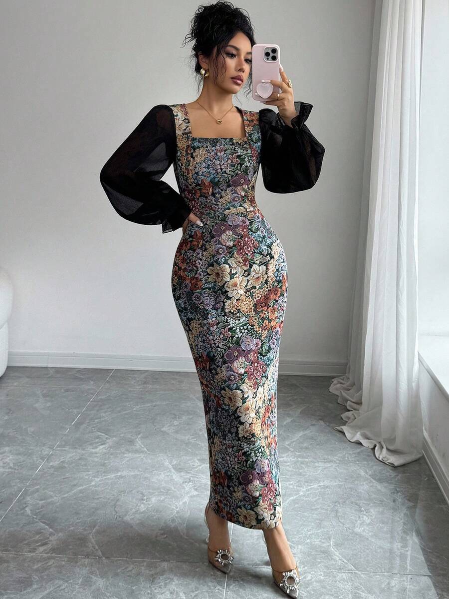 Modelyn 女士优雅雪纺拼布印花方领收腰A字长裙 - 黑色 - 查看 1