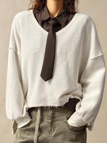 Bohemela Áo nỉ dài tay cổ chữ V màu trơn đơn giản, rộng rãi, giặt thoải mái, quần áo thu đông cho nữ - trắng - Xem 6