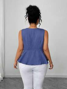 Elenzga Plus Size Women Metal Button Closure Pearl Decor Fitted Blouse Royal Blue Peplum - Blue - View 2
