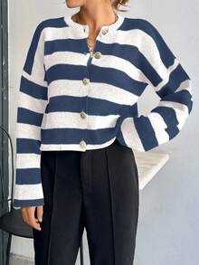 EURMUSE Women Stripe Pattern Round Neck Front Button Cardigan - Blue - View 5