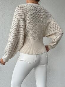 EURMUSE Hollow Out V-Neck Buttoned Pullover Sweater - Beige - View 2
