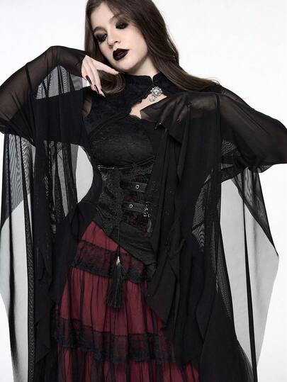 Goth Blusa de manga larga negra con volantes exagerados y hebilla de cristal, estilo gótico oscuro para otoño/invierno, blusa gótica elegante y fluida para mujeres de talla grande, ideal para fiestas de Halloween