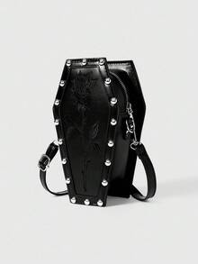 ROMWE Goth 迷你时尚铆钉朋克摇滚花卉压花手提包女士菱形斜挎包 - 黑色 - 查看 2