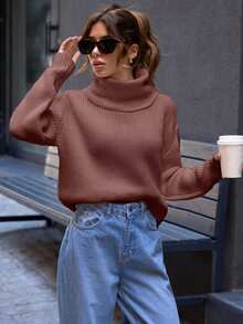 SHEIN Cottnline Casual Turtle Neck Plain Crop Sweater - Dusty Pink - View 3