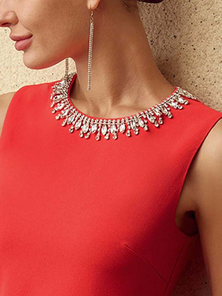 ELEGANT RHINESTONE DECOR FRONT SLIT RUFFLE TRIM DRESS