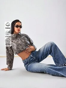 SHEIN 100%Cotton Women's Straight Leg Jeans Y2K Dark Wash - Dark Wash - View 4