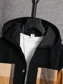 SHEIN 男童休闲日常舒适拼接格纹衬衫，翻领开襟宽松长袖，适合生日派对、晚宴、演出、婚礼、洗礼、开幕式等场合，日常穿着舒适，适合上学、旅行和运动，是秋冬季节的理想之选。 - 黑色 - 查看 4