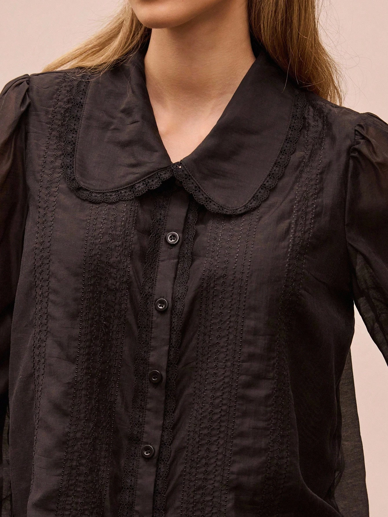 Black Sheer Embroidered Organza Blouse With Peter Pan Collar Office Business Casual Top Spring Summer French Style Parisian Style