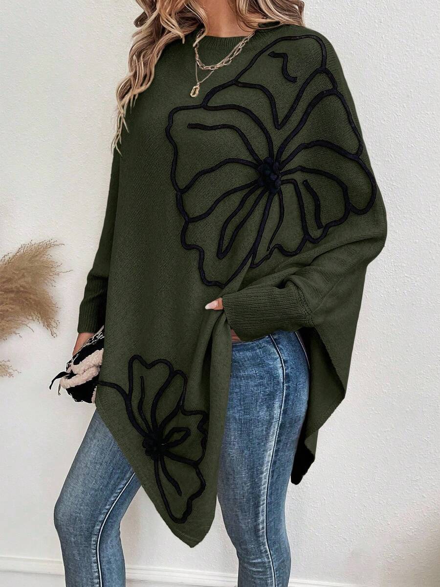 EMERY ROSE Women's Fashionable Color Block Round Neck Batwing Sleeve Long Asymmetrical Hem Sweater - Green - View 1