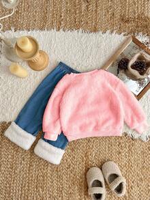 SHEIN 2pcs Baby Girls Pink Autumn Cute Family Matching Outfit,Animal Embroidery Fluffy Long Sleeve Sweatshirt And Pants With Fluffy Embroidered Hem Set - Pink - View 2