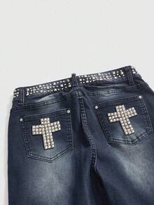 ROMWE Grunge Punk Y2K Punk Rivet Waistband Cross Decor Distressed Vintage Wash Skinny Flare Jeans - Dark Grey - View 2