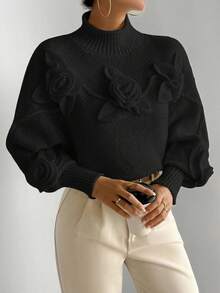 Almamuse Áo len chui đầu cổ lọ dệt kim họa tiết hoa 3D rộng rãi màu trơn đơn giản dành cho nữ - màu đen - Xem 3