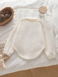 Genkimix Kids 1件女童卫衣，2025春秋新款韩版高领上衣，儿童半拉链抓绒面料刺绣英文套头衫，弹性袖口，百搭休闲装 - 杏色 - 查看 3