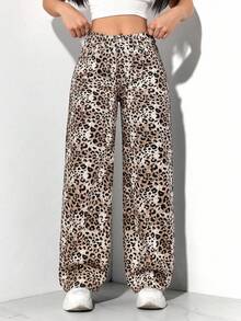 SHEIN PETITE Women's Leopard Print Straight Loose Fit Versatile Denim Jeans
