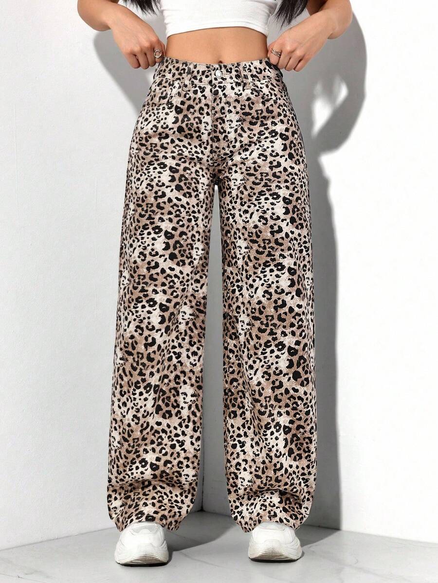 SHEIN PETITE Women's Leopard Print Straight Loose Fit Versatile Denim Jeans
