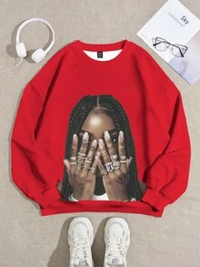 Slaydiva Sudadera holgada de mujer de cuello redondo de manga larga con estampado minimalista casual, adecuada para otoño/invierno - Rojo - Ver 4