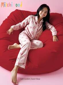 Teen Girl Pink Hand-Painted Heart Pattern Open Front Long Sleeve & Pants Soft Flame Retardant Fabric Casual Homewear Set