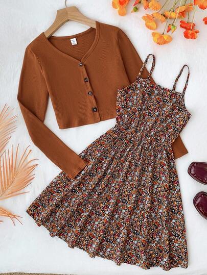 2 件套复古休闲度假装，适合少女，包括罗纹针织开衫夹克和碎花腰带连衣裙，适合春秋季