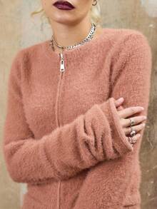 COUREZ Long Sleeve Zip Front Fluffy Knit Cardigan /Y2K Spring Casual Going Out Tops Women's Spring Cardigan Chic - Coral Pink - View 7