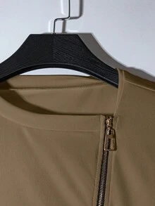 Franclia Áo thun nữ tay dài màu trắng cổ bẻ lệch màu thời trang kiểu Pháp sang trọng, khóa kéo kim loại, màu trắng, mùa xuân/thu - Màu Khaki - Xem 4